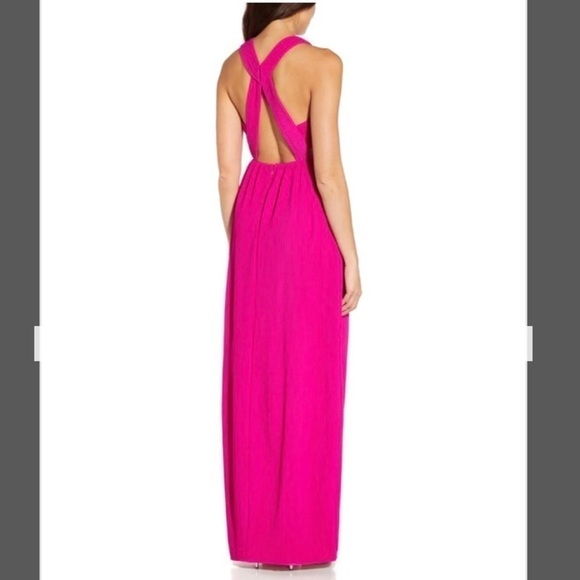 Aidan by Aidan Mattox Cutout Halter Pleated Gown in Pink Flame - Picture 2 of 9